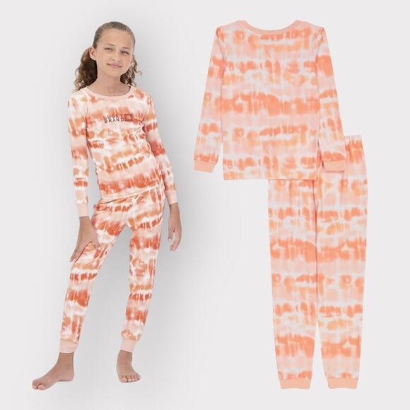 Lucky Brand NEW Long Sleeve Pajama Set Girls sz 4 NWT Coral Orange White Tie-Dye - Picture 2 of 4